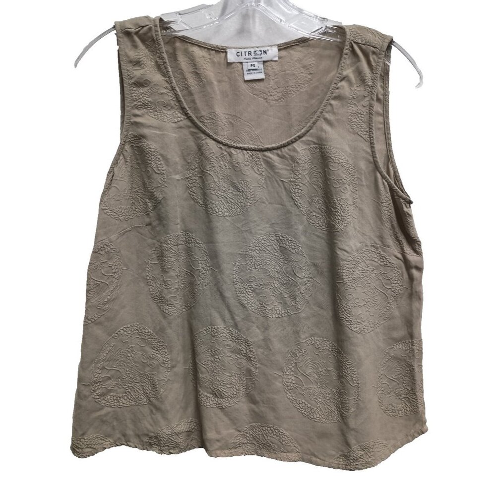 Citron Womens Tank Top Small Petite Beige Embossed Paisley Silk Timeless Neutral